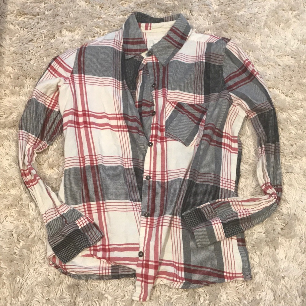 Cream, grey, and red thin flannel